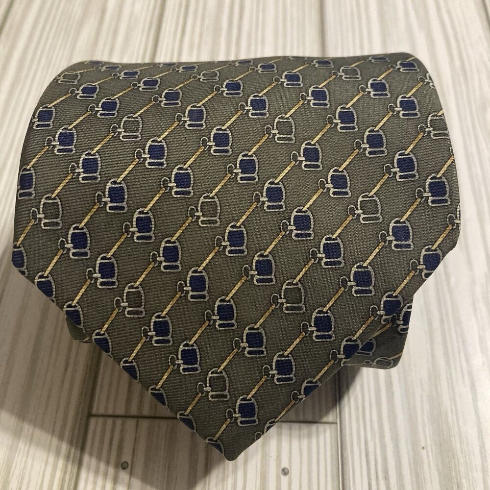 BROOKS BROTHERS BASICS 100% Silk Tie Men's Olive Green Geometric Print Necktie